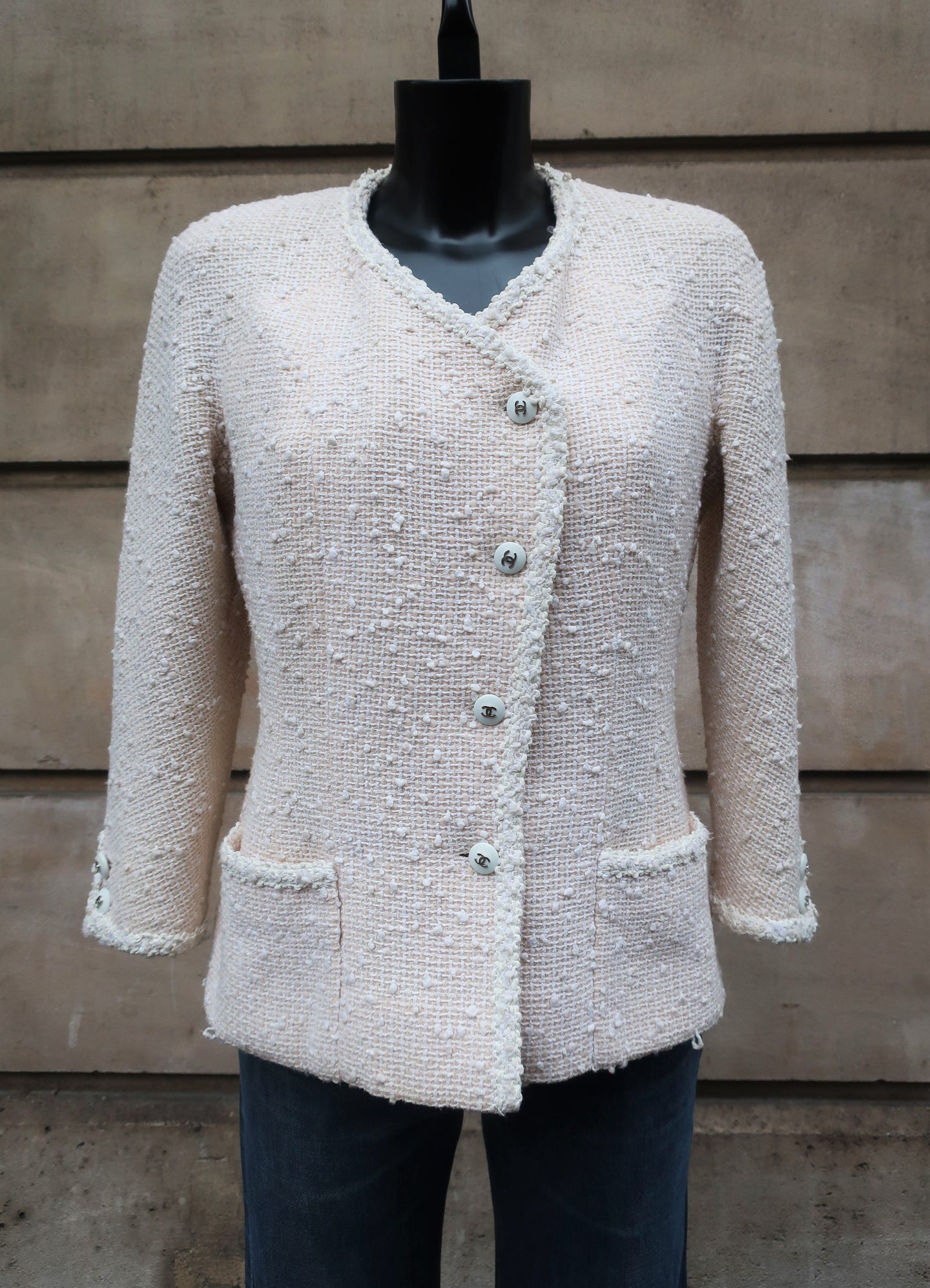 Only 99800 usd for Chanel Yellow  White CC Logo Button Stand Collar Silk  Lined Fantasy Tweed Jacket Online at the Shop